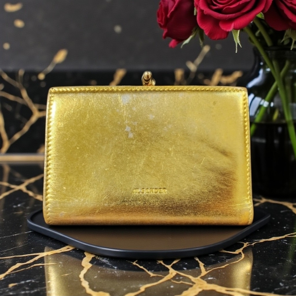Jil Sander Gold Metallic Goji Wallet With Kisslock Closure